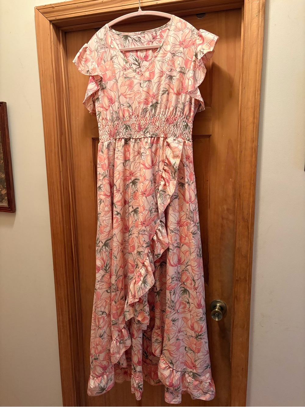 SHEIN Pink Floral Ruffle High-Low Maxi Dress